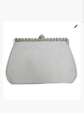 Vtg Harry Levine HL White Faux Croc Kiss Lock Jewel Accent Gold Tone  Clutch